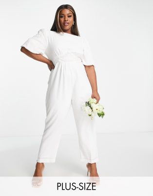 Hope & Ivy Plus - Tuta jumpsuit da sposa color avorio con maniche a sbuffo e fiocco sul retro