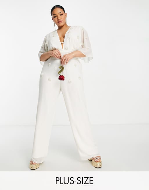 Hope & Ivy Plus - Tuta jumpsuit da sposa ricamata color avorio con scollo profondo
