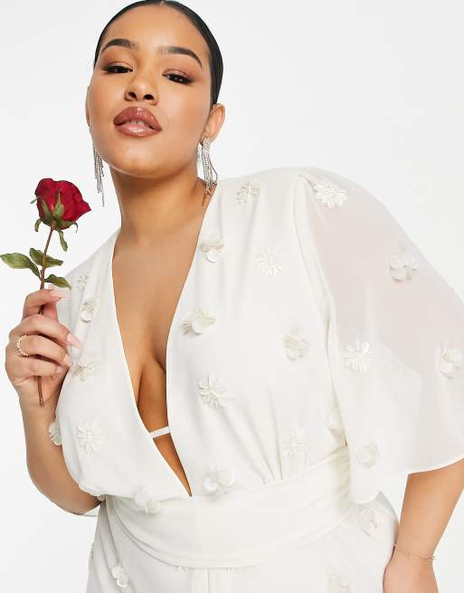 Hope & Ivy Plus - Tuta jumpsuit da sposa ricamata color avorio con scollo profondo, 3 di 4