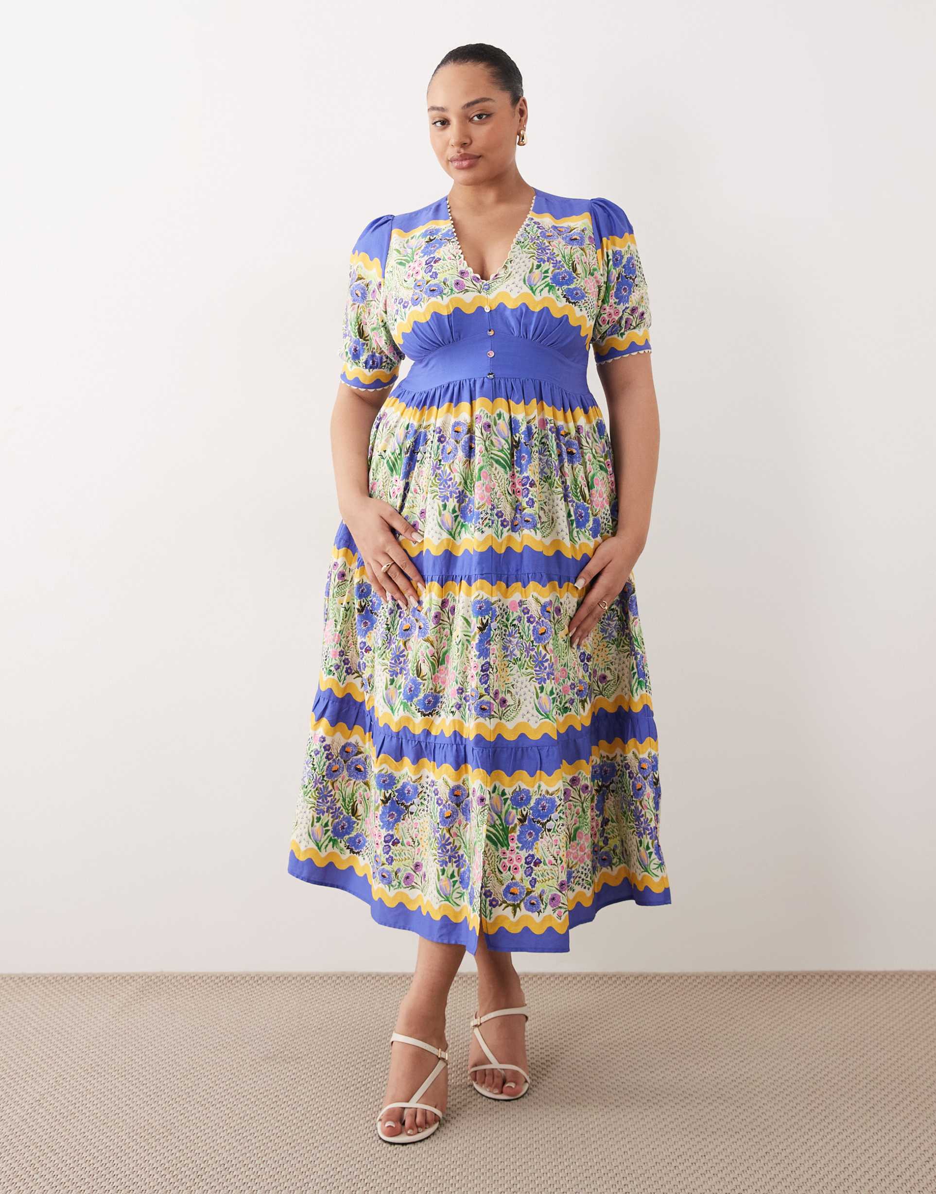 hope & ivy plus v-neck puff sleeve midi smock dress in blue and yellow floral print