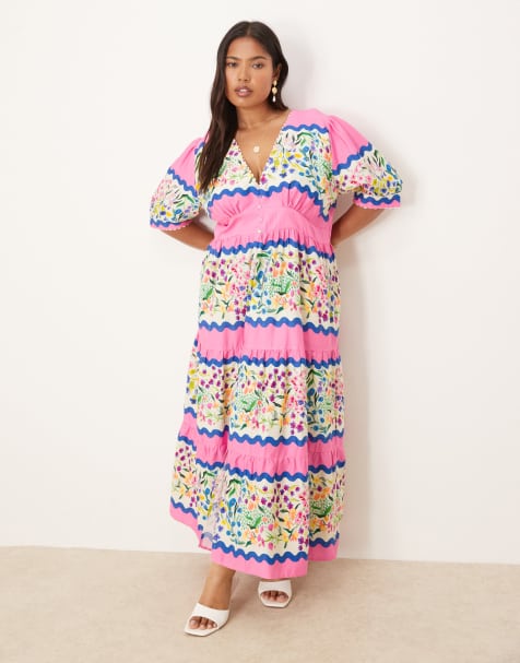 Hope & Ivy Plus v neck puff sleeve midi smock dress in multi - view 1