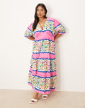 [Hope & Ivy Plus] Hope & Ivy Plus v-neck puff sleeve midi smock dress in multi-Pink 18 Pink Multi