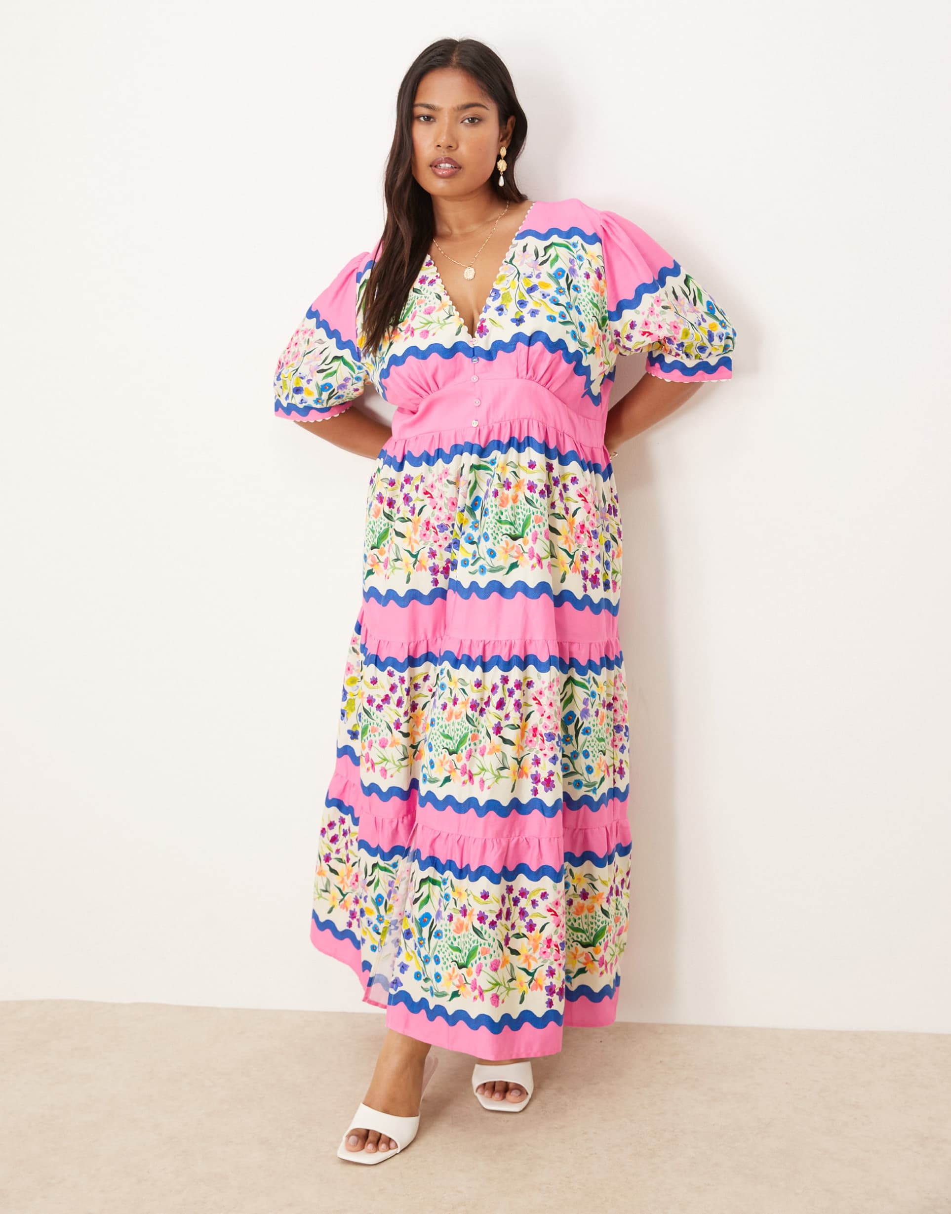 hope & ivy plus v neck puff sleeve midi smock dress in multi