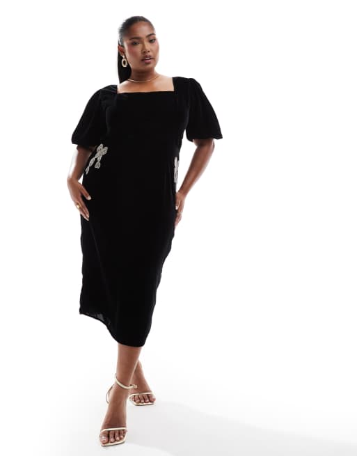Hope & Ivy Plus velvet square neck midi dress with embellished bows in black