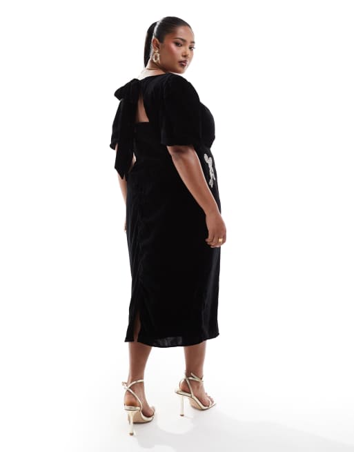 knee length dresses for ladies Chrissy | Black Velvet Square-Neck Midi Dress with Mesh-Sleeves and Ruched Detailing