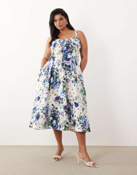 Hope & Ivy Plus - Vestido midi blanco y azul de tirantes con estampado de flores y lunares y cuerpo estilo corsé - view 1