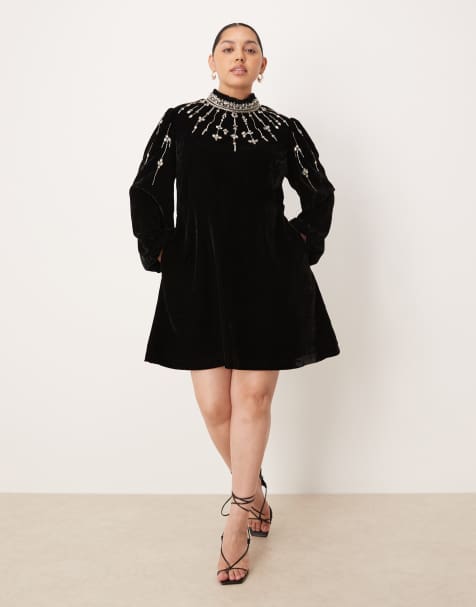 Hope & Ivy Plus - Vestito corto accollato in velluto nero decorato - view 1