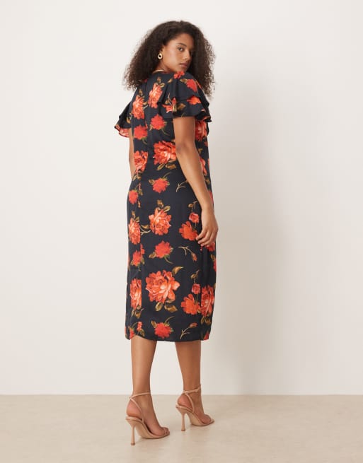 Hope Ivy Plus Vestito da giorno midi nero e rosso a fiori con