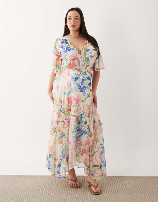Hope & Ivy Plus - Vestito lungo a portafoglio bianco a fiori con dettaglio allacciato, 1 di 4