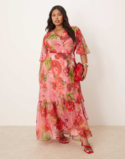 Hope & Ivy Plus - Vestito lungo a portafoglio rosso multicolore allacciato in vita con maniche con volant