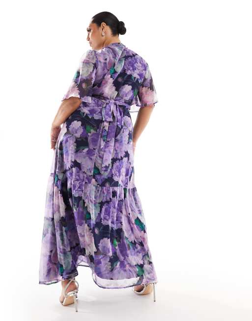 Hope & Ivy Plus - Vestito lungo a portafoglio viola a fiori con volant, 2 di 4