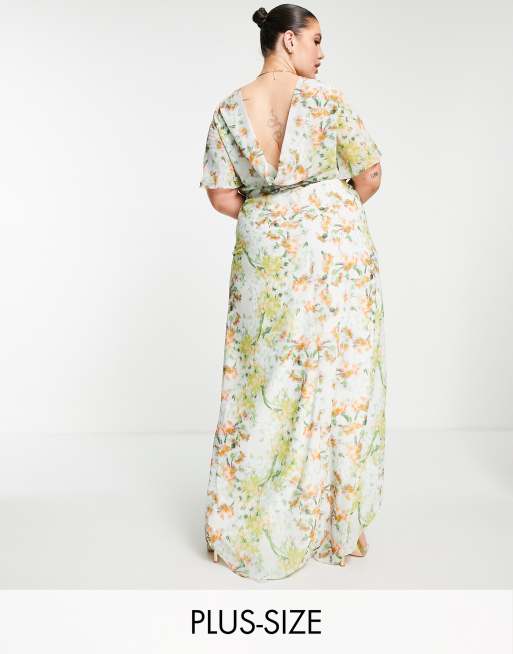 Hope & Ivy Plus - Vestito lungo color salvia a fiori con scollo sul retro e spacco