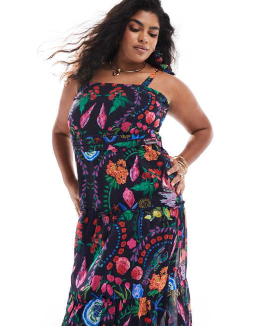 Hope & Ivy Plus - Vestito lungo con stampa vivace a fiori e spalline allacciate, 4 di 4
