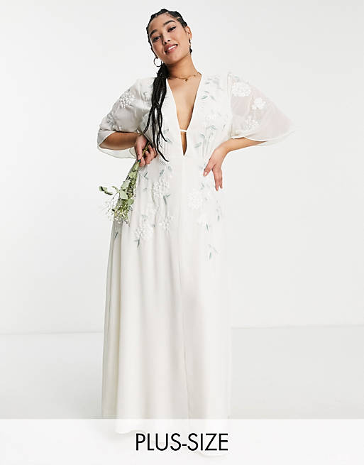 Hope & Ivy Plus - Vestito lungo da sposa ricamato color avorio con scollo profondo