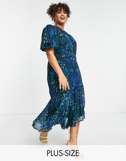 Hope & Ivy Plus - Vestito midi da giorno con maniche a sbuffo color cobalto con stampa a stelle