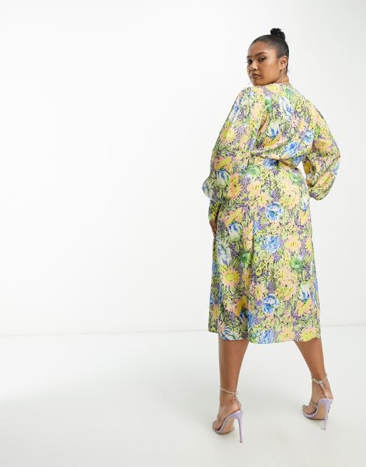 Hope Ivy Plus Vestito midi giallo e verde a fiori con laccio avvolgente