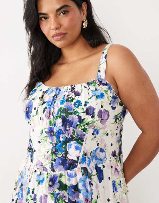 Hope & Ivy Plus - Vestito midi svasato a corsetto bianco e blu a pois con spalline sottili, 2 di 4