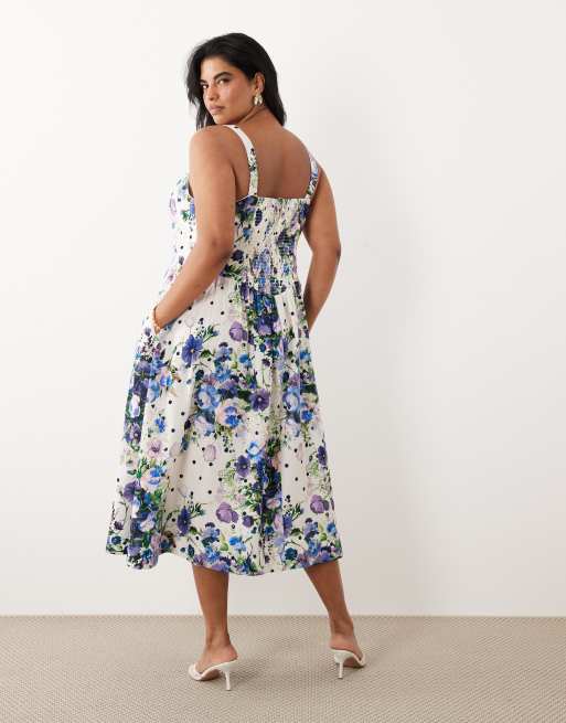 Hope & Ivy Plus - Vestito midi svasato a corsetto bianco e blu a pois con spalline sottili, 3 di 4