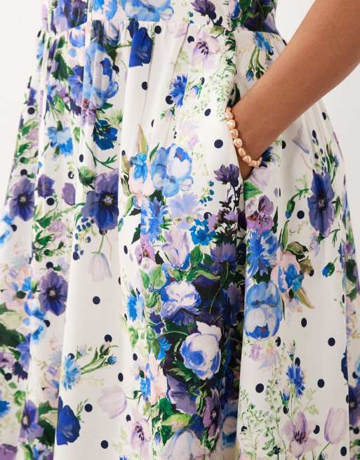 Hope & Ivy Plus - Vestito midi svasato a corsetto bianco e blu a pois con spalline sottili, 4 di 4