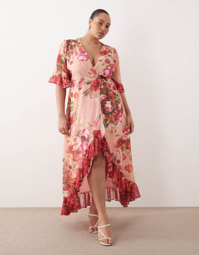 Hope & Ivy Plus wrap bell sleeve maxi dress in pink mixed floral