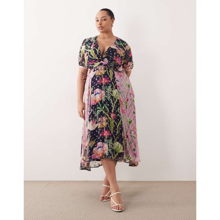 Hope & Ivy Plus wrap bust midi day dress in mixed blue floral with gold  flecks | ASOS