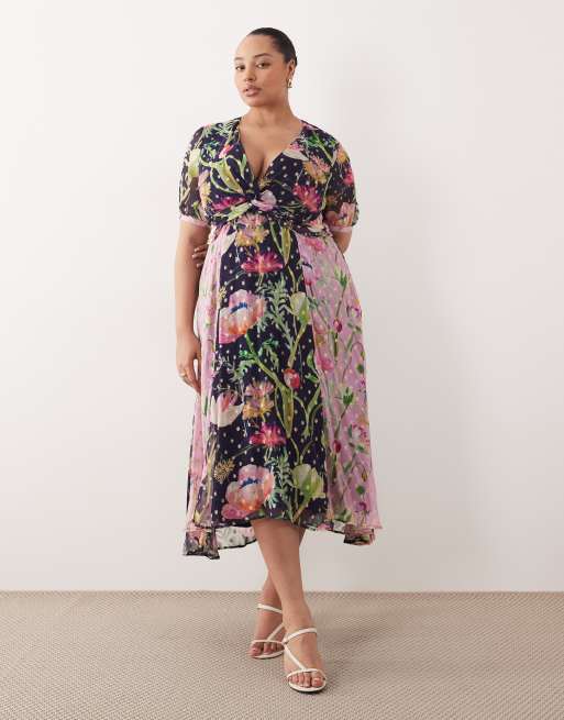Hope & Ivy Plus wrap bust midi day dress in mixed blue floral with gold  flecks | ASOS