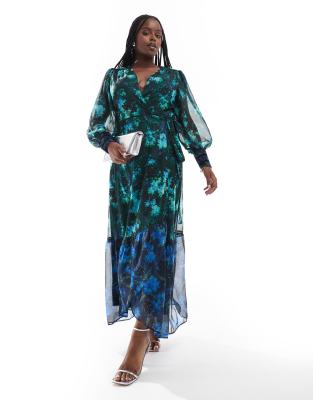 wrap front maxi dress in two tone green and blue print-Multi