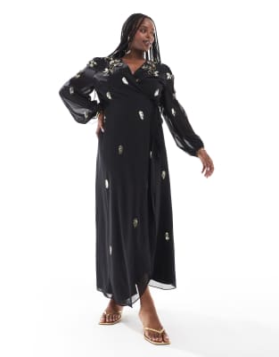 wrap front maxi dress with gold embellishment in black