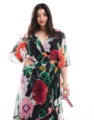 Hope & Ivy Plus Hope & Ivy Plus wrap maxi dress in black base floral print