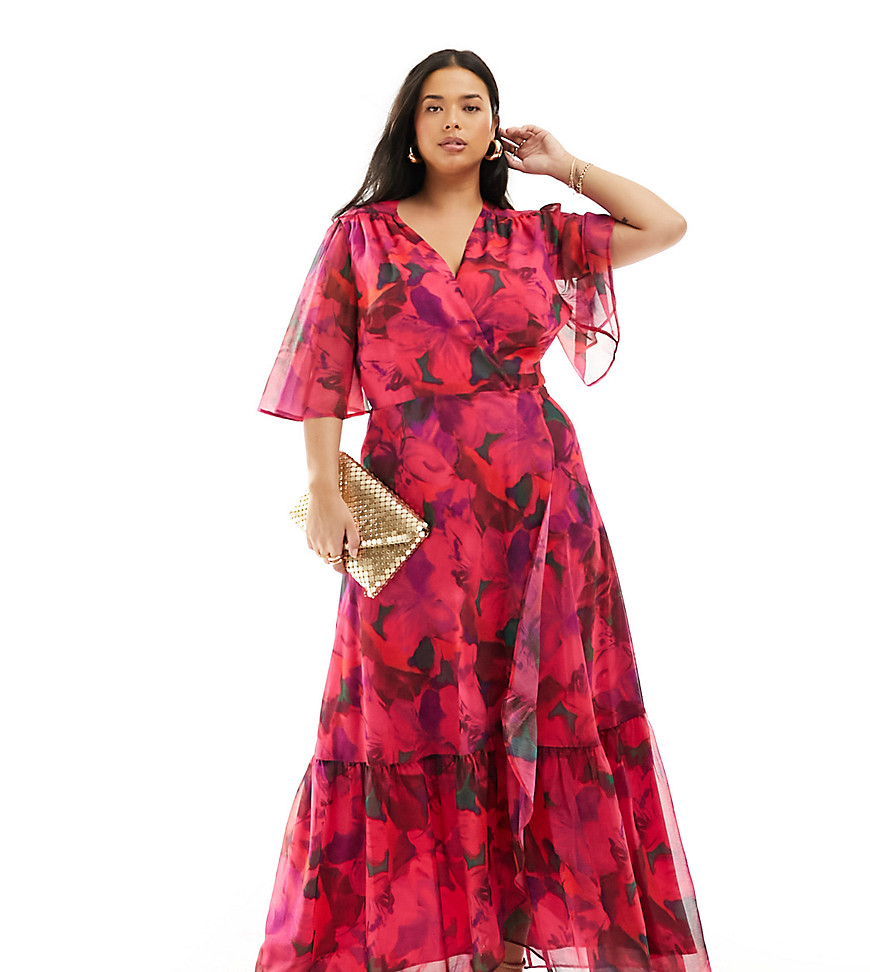 Hope & Ivy Plus wrap maxi dress in hot pink floral