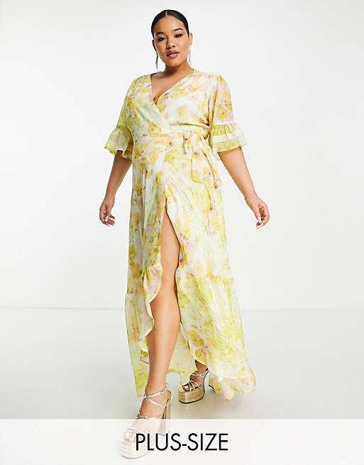 Hope & Ivy Plus wrap maxi tea dress in buttercup floral