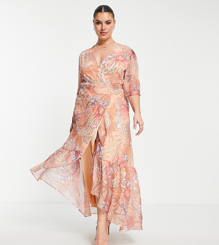Plus-size dress by Hope and Ivy %2Achef%27s kiss%2A Floral design Wrap front Angel sleeves Regular fit