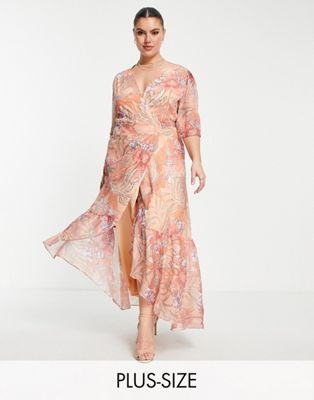 Hope & Ivy Plus wrap maxi tea dress in coral floral