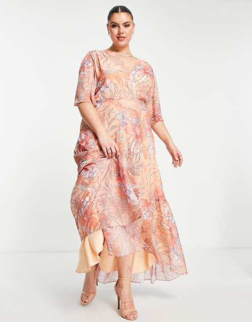 Hope & Ivy Maternity Wrap Maxi Tea Dress In Coral Floral-Green