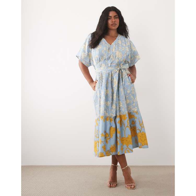 blue and yellow dress plus size Hope & Ivy The Noor Mixed Print V-Neck Tie Waist Midi Dress, Light Blue/Yellow Fully lined *Designed in 2026/6/29 Women's Black Double Layer Cut:junior