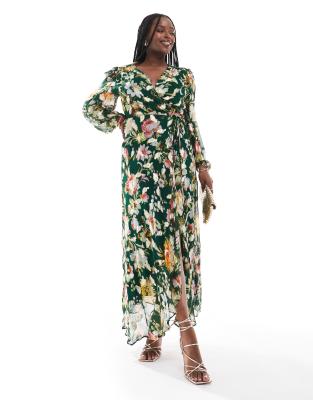 wrap midaxi dress in dark green floral with gold fleck