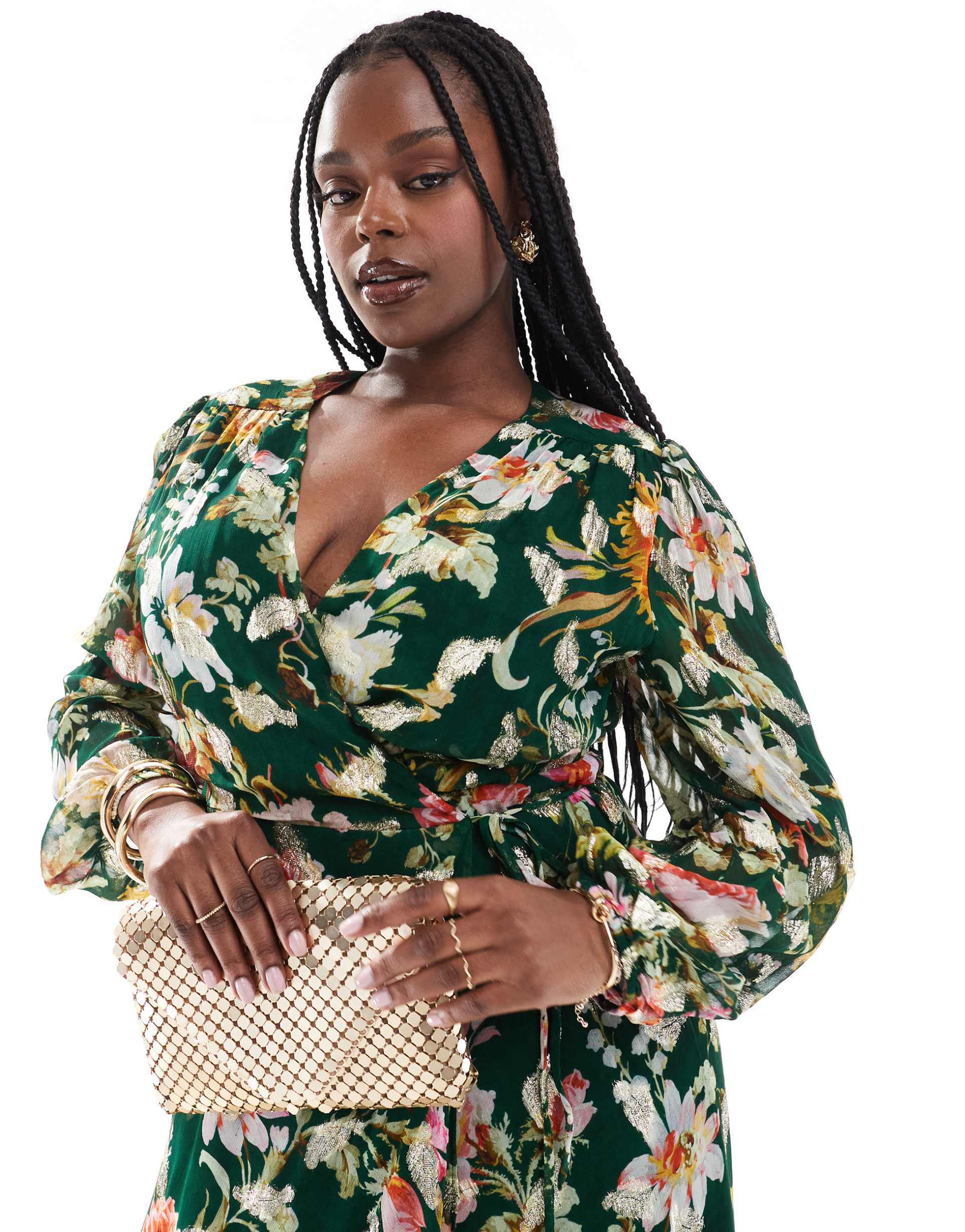 hope & ivy plus wrap midaxi dress in dark green floral with gold fleck