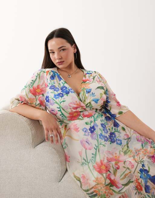 Hope & Ivy Plus wrap tie detail maxi dress in white floral, 2 of 4