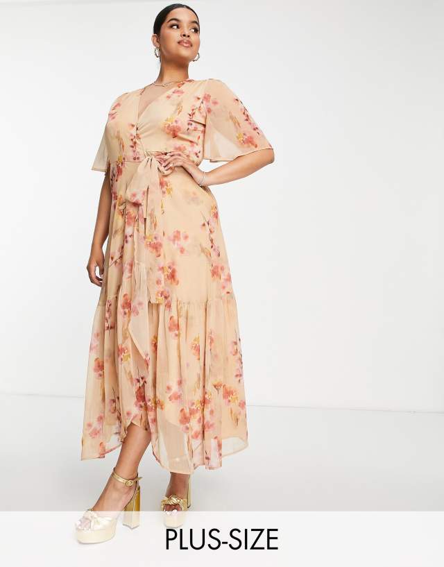 Hope & Ivy Plus wrap tie maxi dress in fuchsia taupe floral