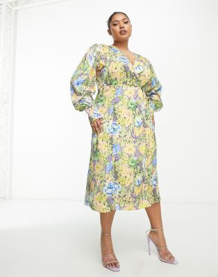 Hope & Ivy Plus Hope & Ivy Plus wrap tie midi dress in yellow and green floral-Multi