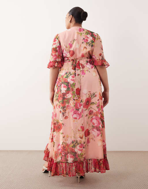 Hope & Ivy – Plusstorlek – Rosa maxiklänning med omlottdesign, klockärm och blandat blommönster, 4 av 4