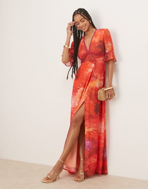 Hope & Ivy frill sleeve thigh split maxi dress with keyhole back in orange print