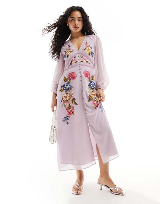 light blue dress with embroidered flowers Plus Size Floral Embroidered Skater Midi Dress in Purple