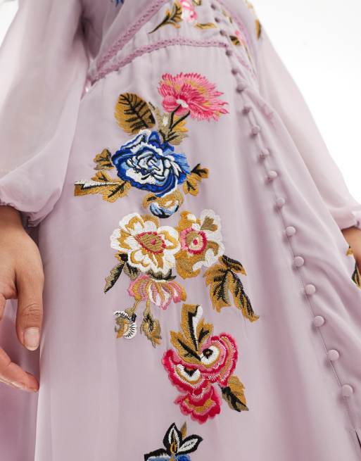 light blue dress with embroidered flowers Red Floral Embroidered Midi Dress - Fit and Flare Dress main image 1