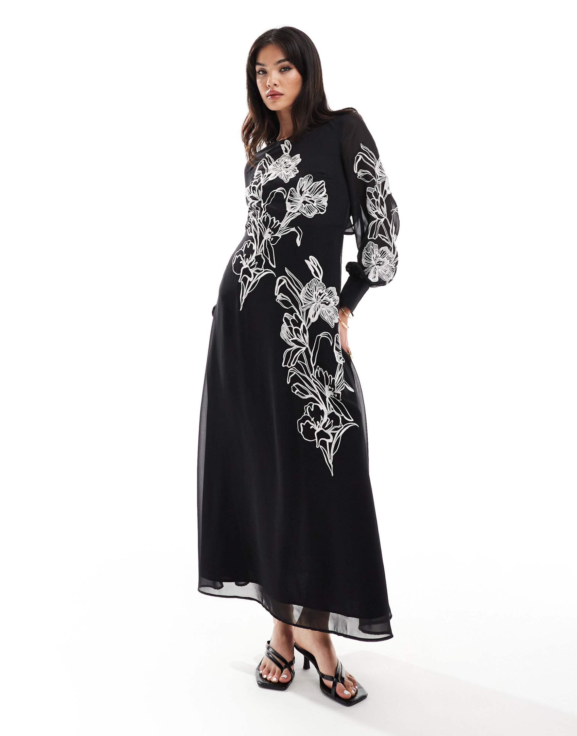 hope & ivy premium full maxi dress in black and white embroidery