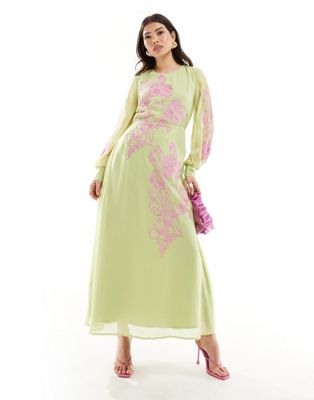 premium full maxi dress in mint and purple embroidery-Green
