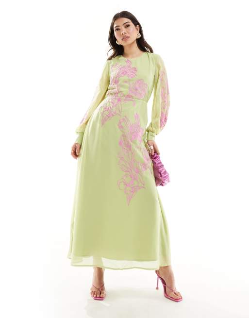 Hope Ivy premium full maxi dress in mint and purple embroidery ASOS