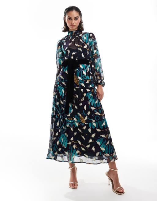 Hope & Ivy - Premium - Maxikjole velourbælte, guldfarvede pletter og turkis print  