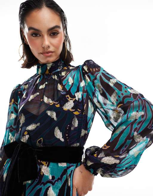 Hope & Ivy - Premium - Maxikjole velourbælte, guldfarvede pletter og turkis print  , 2 af 4