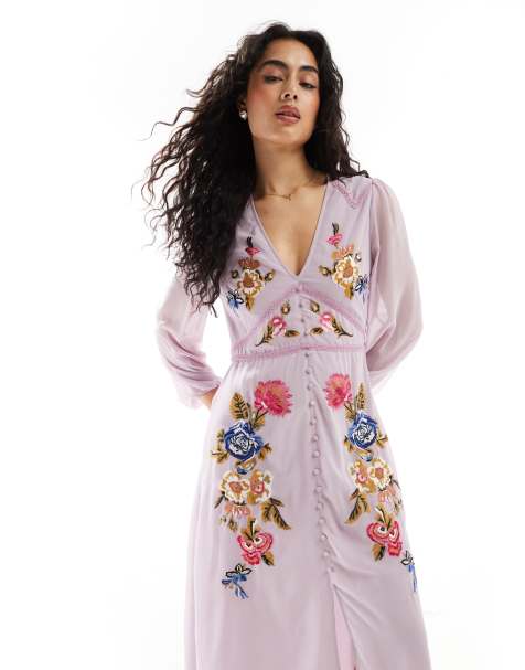 Hope & Ivy Premium - Vestito midi skater color malva con ricami e bottoni - view 1